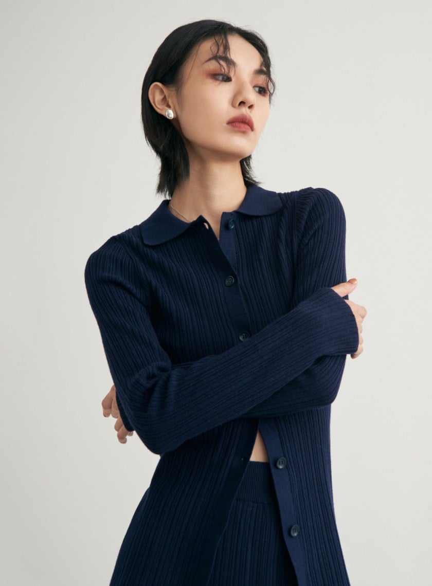 舒適坑條針織長袖上衣